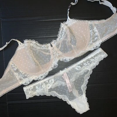 Victoria's Secret JUEGO DE SUJETADOR 36D SIN FORRO M,L,XL tanga BLANCO encaje coco lunares Foto 1 de 4