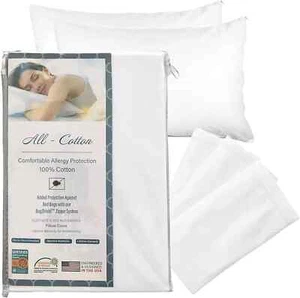 National Allergy Premium 100% Cotton Zippered Pillow Protector - Queen Size - Wh - Picture 1 of 7