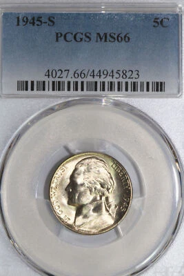 1945-S Gold Toned Jefferson Nickel PCGS Graded MS66 (44945823) - Image 1 of 4