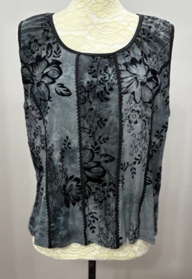 Whimsy Goth Floral Tank Women XL Coquette Cami Gray Black Witch Vamp Velvet Look - Image 1 of 4