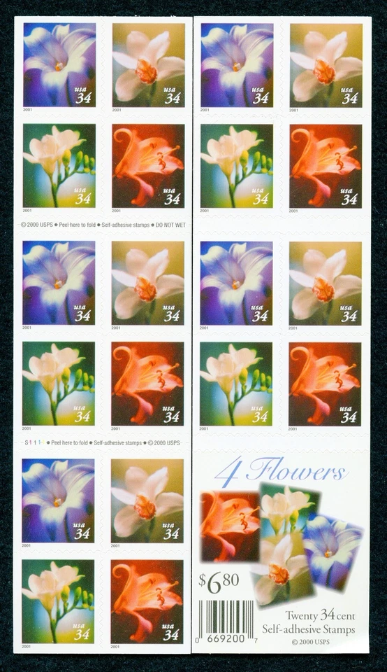 US Scott 3490e  FLOWERS 2 sided pane of 20 stamps  of 34c - Image 1 of 1