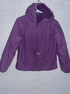 Carhartt Kids Girls Sherpa Lined Purple Duck Canvas Hooded Jacket M 10 12 Zip - Picture 1 of 7