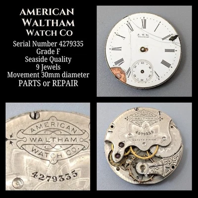 Movimiento Reloj Bolsillo WALTHAM 4279335 Grado F Mar 9j 0s 30mm PIEZAS o REPARACIÓN Foto 1 de 4