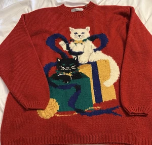 Vintage 2 X-Large Pullover Mockneck Katze Kätzchen Neuheit Print 90er rot süß - Bild 1 von 6