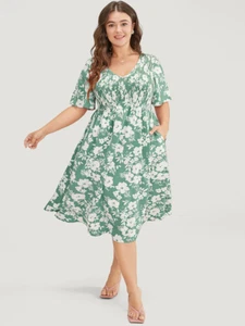 NWT BloomChic Green & White Floral Shirred Bodice Dress Size 22~24 - Picture 1 of 3