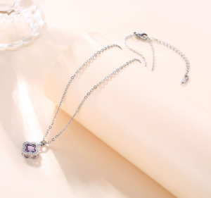 Titanium Pave Purple CZ Silver Flower Lucky Lavender Clover Pendant Necklace