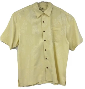 Jamaica Jaxx Mens L Yellow Hawaiian Floral Print Silk Shirt Coconut Buttons - Picture 1 of 5
