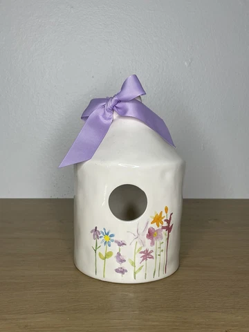 Rae Dunn White Floral Birdhouse with Purple Ribbon Cover