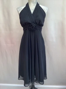 GORGEOUS DEBUT BLACK FRONT ROSE CHIFFON FIT & FLARE HALTERNECK EVE DRESS SIZE 12 - Picture 1 of 9