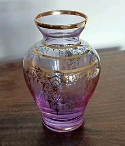 Murano Purple Glass Mini Vase Hand Painted Venice with Gold Markings 4½" - Picture 1 of 2