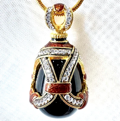 Black Onyx Sterling Silver Enamel Faberge Egg Pendant Crystals Gold-plate Chain  - Image 1 of 4