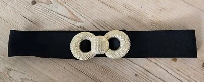 Vintage 80s Wide Stretch Elastic Black Belt with Gold Buckle, Size In Descrip - Image 1 of 4