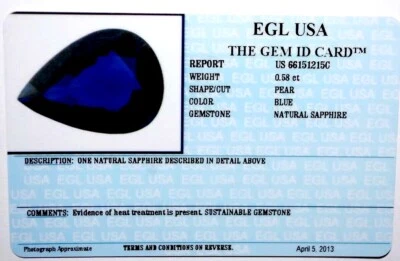EGL USA TESTED & CERTIFIED NATURAL BLUE PEAR SAPPHIRE 0.58 CT COMES WITH ID CARD - Image 1 of 3