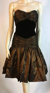 1980s Vintage Bronze Strapless Taffeta Velvet Victor Costa Prom Party Dress S - Picture 1 of 7