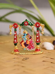 "Radha Krishna Idol on Jhula Metal Statue for Car Dashboard | Mandir Pooja Murti - Imagen 1 de 4