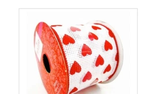 Valentine Heart Ribbon,White Mesh,Red Hearts,Polyester,2.5"x12ft. - Picture 1 of 1