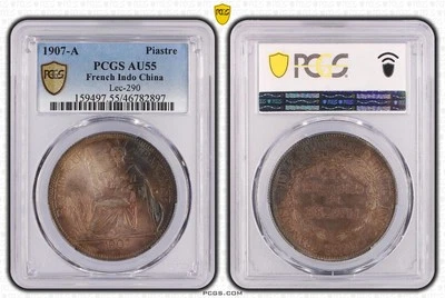 F143 French Indo-China Piastre 1907-A Paris Mint. PCGS AU55 KM-5A.1; Lec-290 - Image 1 of 3