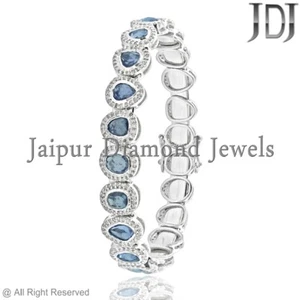 Natural Blue Sapphire Gemstone Pave Diamond Bracelet 925 Sterling Silver Bangle - Picture 1 of 6
