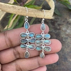 925 Sterling Solid Silver Natural Labradorite Gemstone Women Dangle Hoop Earring - Picture 1 of 5