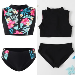 Girls Bathing Suit Front Zipper Tankini Set Tropical Swimsuits Soft Swimwear - Picture 1 of 21