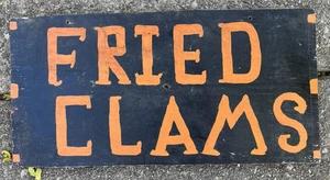 Antique Wood Fried Clams Sign 1960s Maine NH Seafood Shack Vernacular Folk Art - Picture 1 of 24