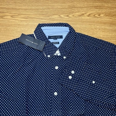 NUEVO CON ETIQUETAS Camisa de Vestir Tommy Hilfiger Abotonada Calce Clase Para Hombres L Azul Marino Geométrica Foto 1 de 4