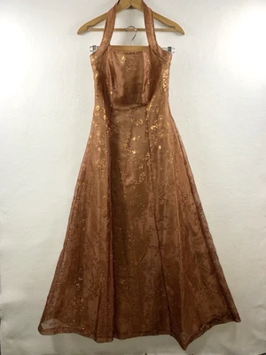 Vestido Formal Vintage Zum Zum Para Mujer Y2K Bronce Brillo Halter Talla 1/2 Baile de graduación Glam Foto 1 de 4