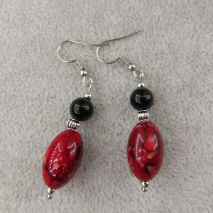 RED BLACK Bead Dangle Earrings Silver Tone Czech Glass Pearl Tribal Boho 2.3"