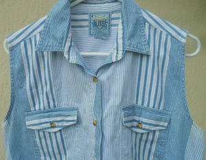 VTG 90S SHORT CIRCUIT BLUES L M DENIM STRIPED SLEEVELESS BUTTON UP POCKET BLOUSE - Picture 1 of 8