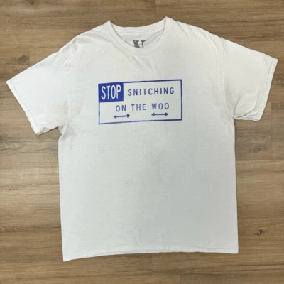 Vlone x Pop Smoke Mens L Stop Snitching On The Woo Graphic Tee Shirt White Blue - Image 1 of 4