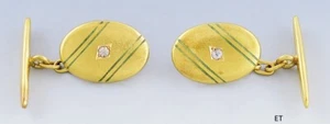c1915 Stylish Pair 19.2k Gold Diamond & Green Enamel Pinstripe Cufflinks - Picture 1 of 7