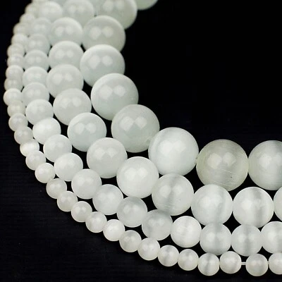RIVER VALLEY GEMS White Cat Eye Gemstone Beads 15" Strand 4mm 6mm 8mm 10mm 12mm Round