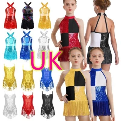 Girls Sparkle Color Block Tassel Catsuit Leotard Jazz Tango Salsa Dance Costume - Image 1 of 4