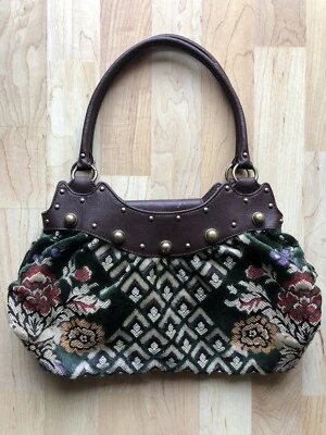 Maxximum Purse Tapestry Print Velvet Faux Fur Gold Thread Mix Leather Studded  - Image 1 of 4