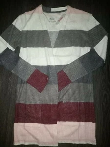 Girls justice long cardigan sweater size 14 new burgundy/grey multi striped - Picture 1 of 3