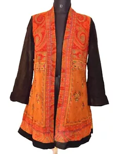 Unikat Ritu Kumar Jacke Ethno Print bestickt hellbraun/Leder Vintage Jacke (S) - Bild 1 von 10