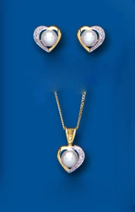 Perla E Diamante Cuore Set Oro Giallo Ciondolo E Orecchini Acque Dolci Coltivata - Imagen 1 de 1