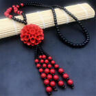 Red Cinnabar Flower Hand-carved Lucky Beads Pendant Sweater Long Necklace Charm