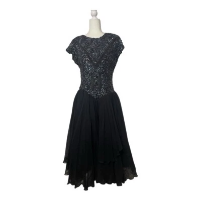 Vestido de Noche Vintage OLEG CASSINI Seda Talla 10 Cuentas Lentejuelas Negro Transparente Foto 1 de 4