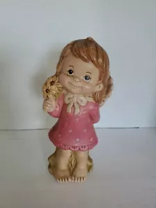 Girl Pink Dress With Dots And Flowers Ceramic Figurine - Picture 1 of 5