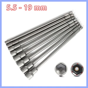 Magnetic Nut Driver 200mm Long Socket Impact Drill Bit 1/4"(6.35mm) Hex 5.5-19mm - Picture 1 of 8