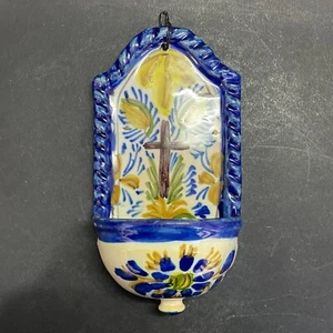 Ravissant bénitier joliment décoré en céramique peinte émaillée (H: 18 cm) - Picture 1 of 6