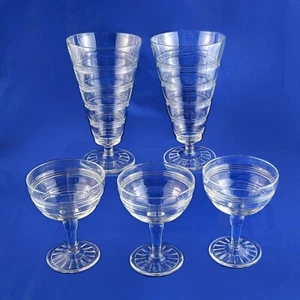 Hocking Glass Banded Rings Deco 3 Footed Dessert Champagne Glasses + 2 Ice Teas - Picture 1 of 6
