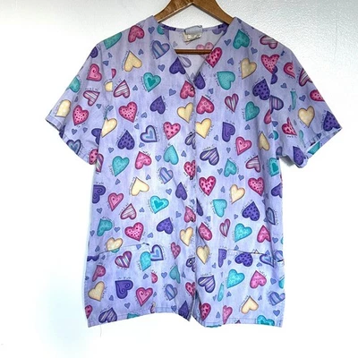 Simply Basic Scrub Top Women's Large Purple Heart Short Sleeve Pockets Snap - Image 1 of 4