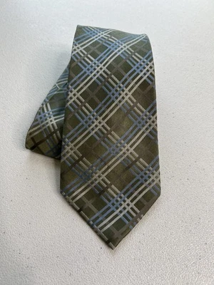 Corbata Perry Ellis Portfolio verde, tostado, azul patrón a cuadros 100 % seda hecha a mano nueva sin etiquetas Foto 1 de 4