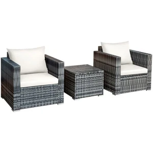 Patiojoy Patio Rattan Furniture Bistro Set 3 PC Cushioned Sofa Chair Table White - Picture 1 of 8