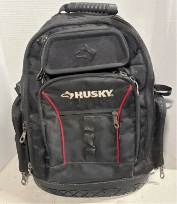 Husky Pro Tool Backpack Black Polyester Heavy Duty Bag Hard Bottom Work Foto 1 de 4