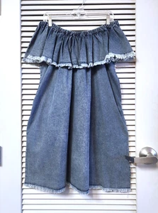 denim off-shoulder frayed ruffle dress XL - Picture 1 of 2