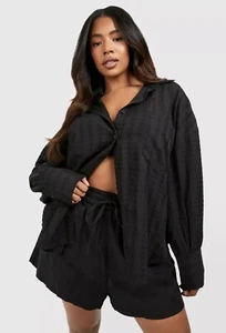 Boohoo Womens Black Plus Textured Woven Oversized Button Shirt Size 12 Large - Picture 1 of 4
