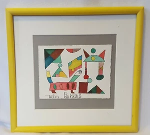 Vintage Tom Perkins Framed Watercolor Cat Primitive Signed Original Naive - Picture 1 of 7